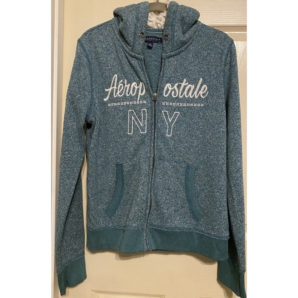 y2k Aeropostale Womens NY Full Zip Hoodie Teal Blue Sherpa Lined Jacket L*READ